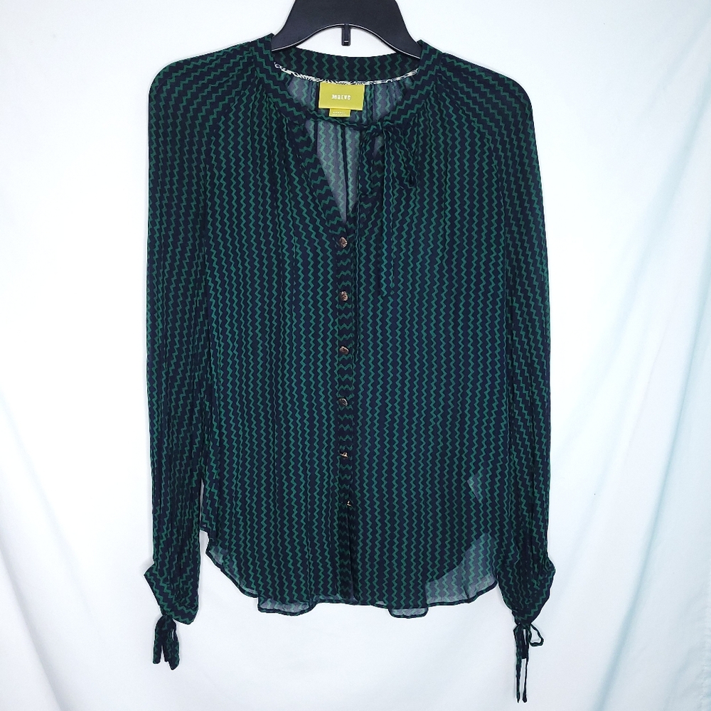 Maeve Green and Black Chevron-Print Button Front Blouse